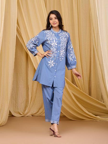 Sky Blue Blossom Cotton Co-ord Set