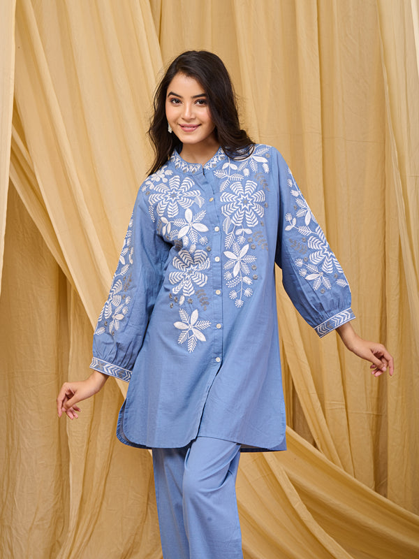 Sky Blue Blossom Cotton Co-ord Set