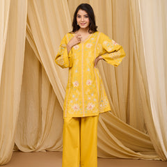 Mustard Embroidered Rayon Co-ord Set with V-Neck Straight Top