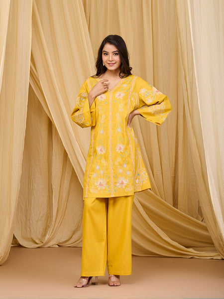 Mustard Embroidered Rayon Co-ord Set with V-Neck Straight Top