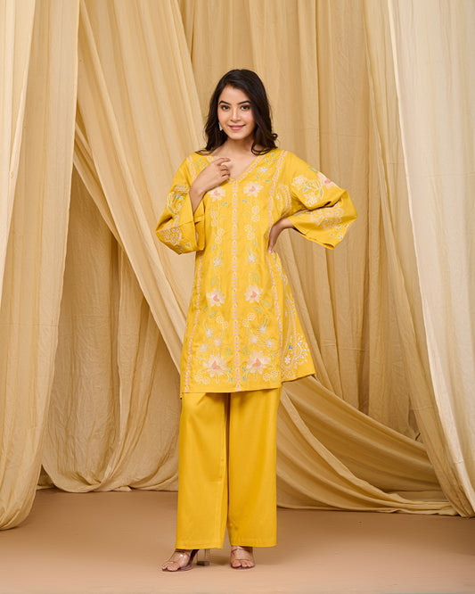 Mustard Embroidered Rayon Co-ord Set with V-Neck Straight Top