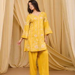 Mustard Embroidered Rayon Co-ord Set with V-Neck Straight Top