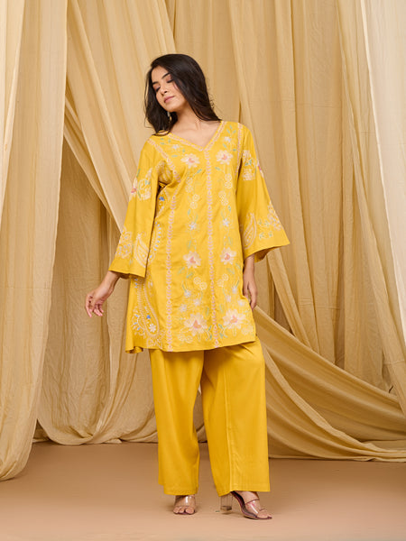 Mustard Embroidered Rayon Co-ord Set with V-Neck Straight Top