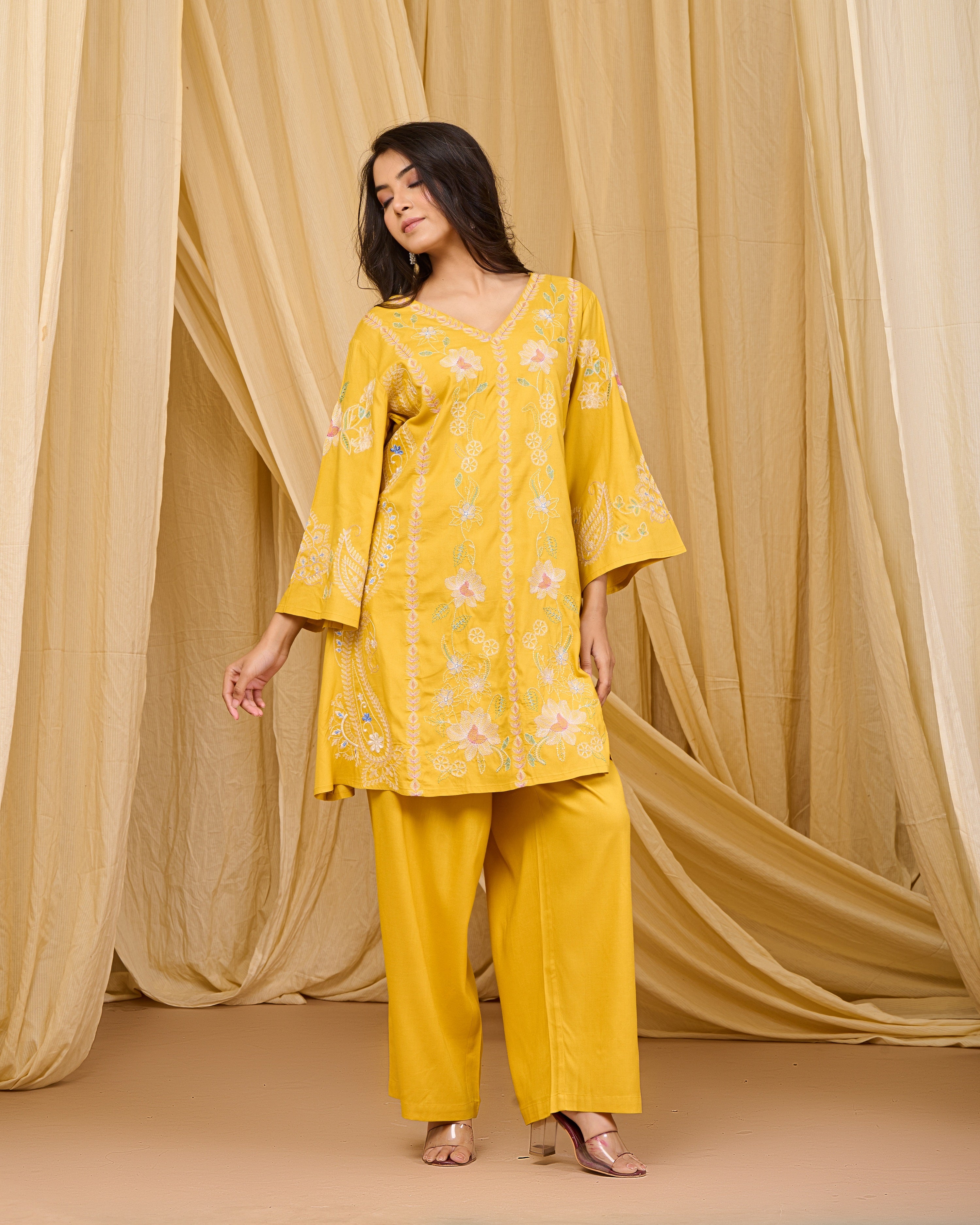 Mustard Embroidered Rayon Co-ord Set with V-Neck Straight Top