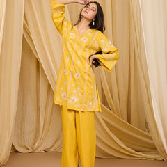 Mustard Embroidered Rayon Co-ord Set with V-Neck Straight Top