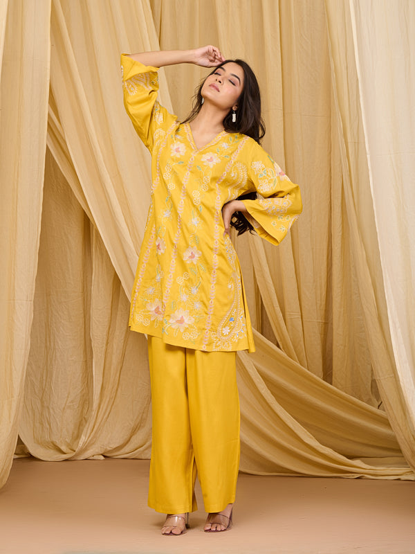 Mustard Embroidered Rayon Co-ord Set with V-Neck Straight Top