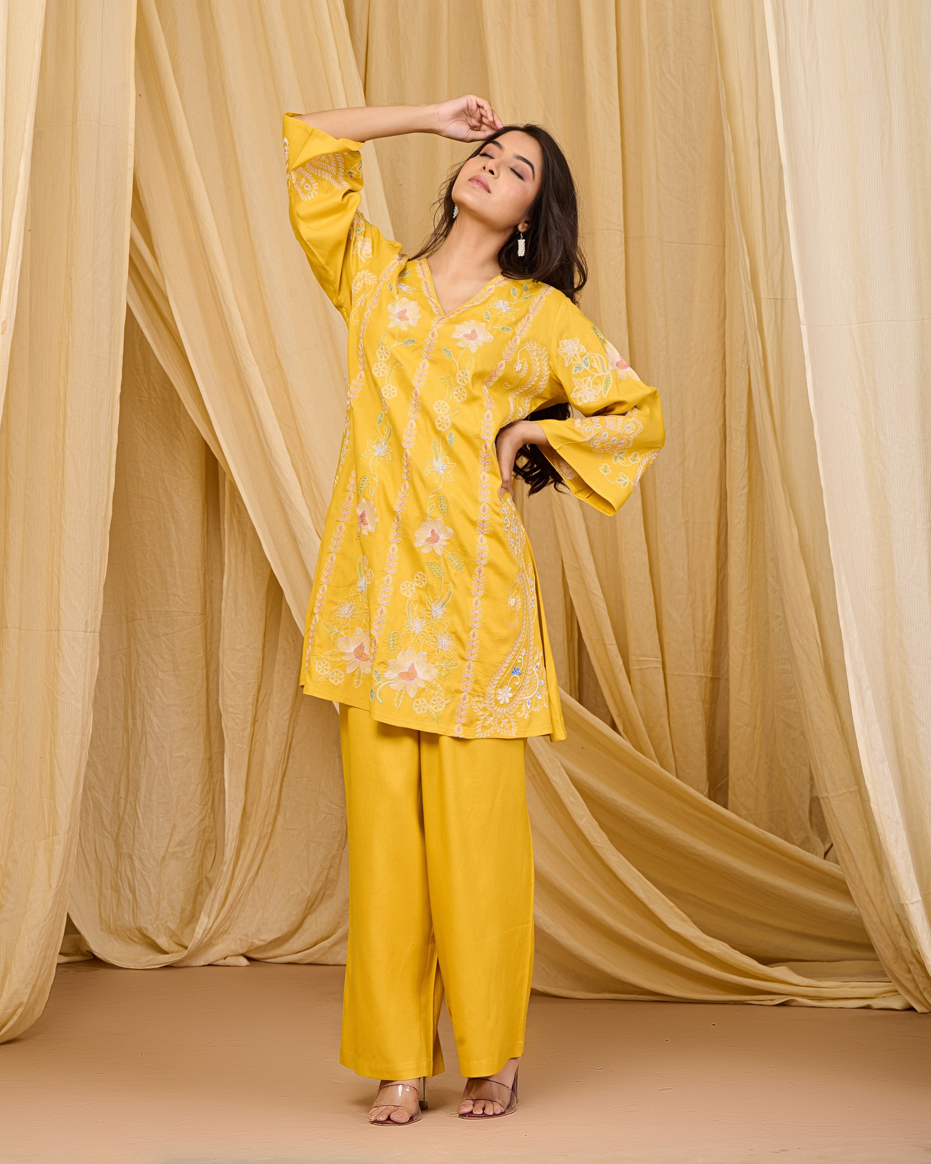Mustard Embroidered Rayon Co-ord Set with V-Neck Straight Top