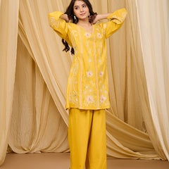 Mustard Embroidered Rayon Co-ord Set with V-Neck Straight Top