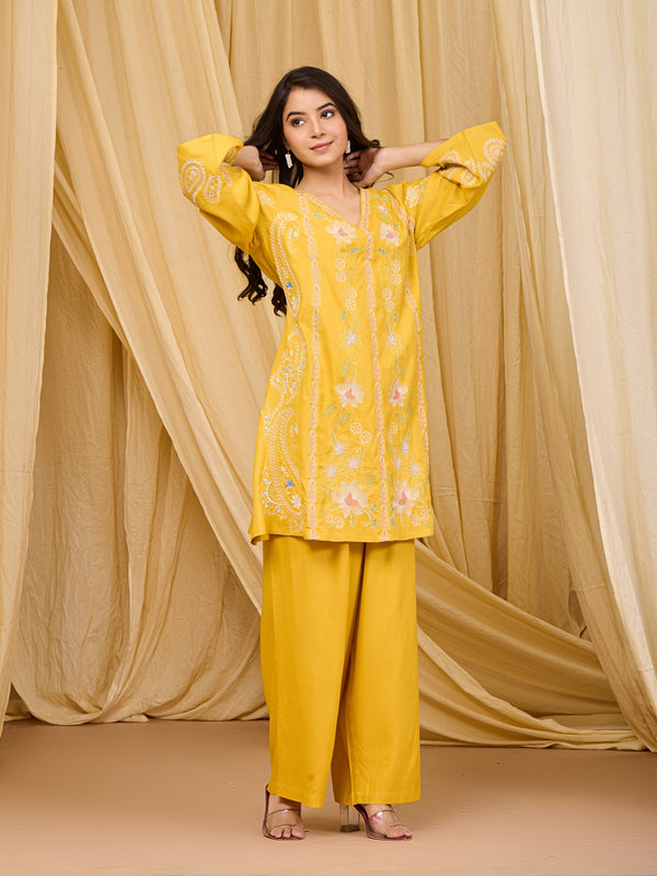 Mustard Embroidered Rayon Co-ord Set with V-Neck Straight Top