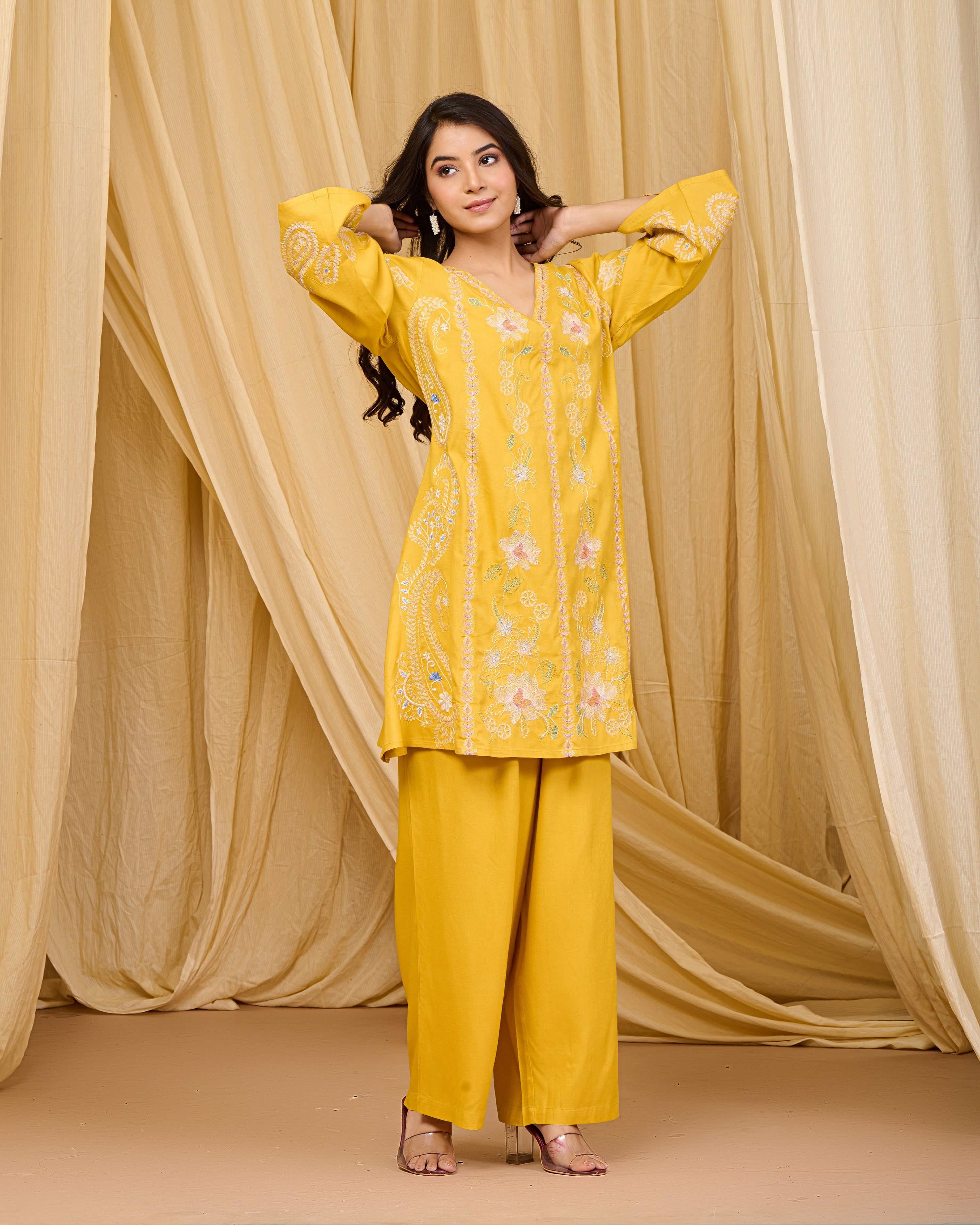 Mustard Embroidered Rayon Co-ord Set with V-Neck Straight Top