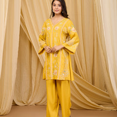 Mustard Embroidered Rayon Co-ord Set with V-Neck Straight Top