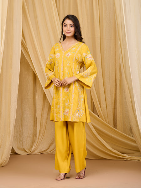 Mustard Embroidered Rayon Co-ord Set with V-Neck Straight Top