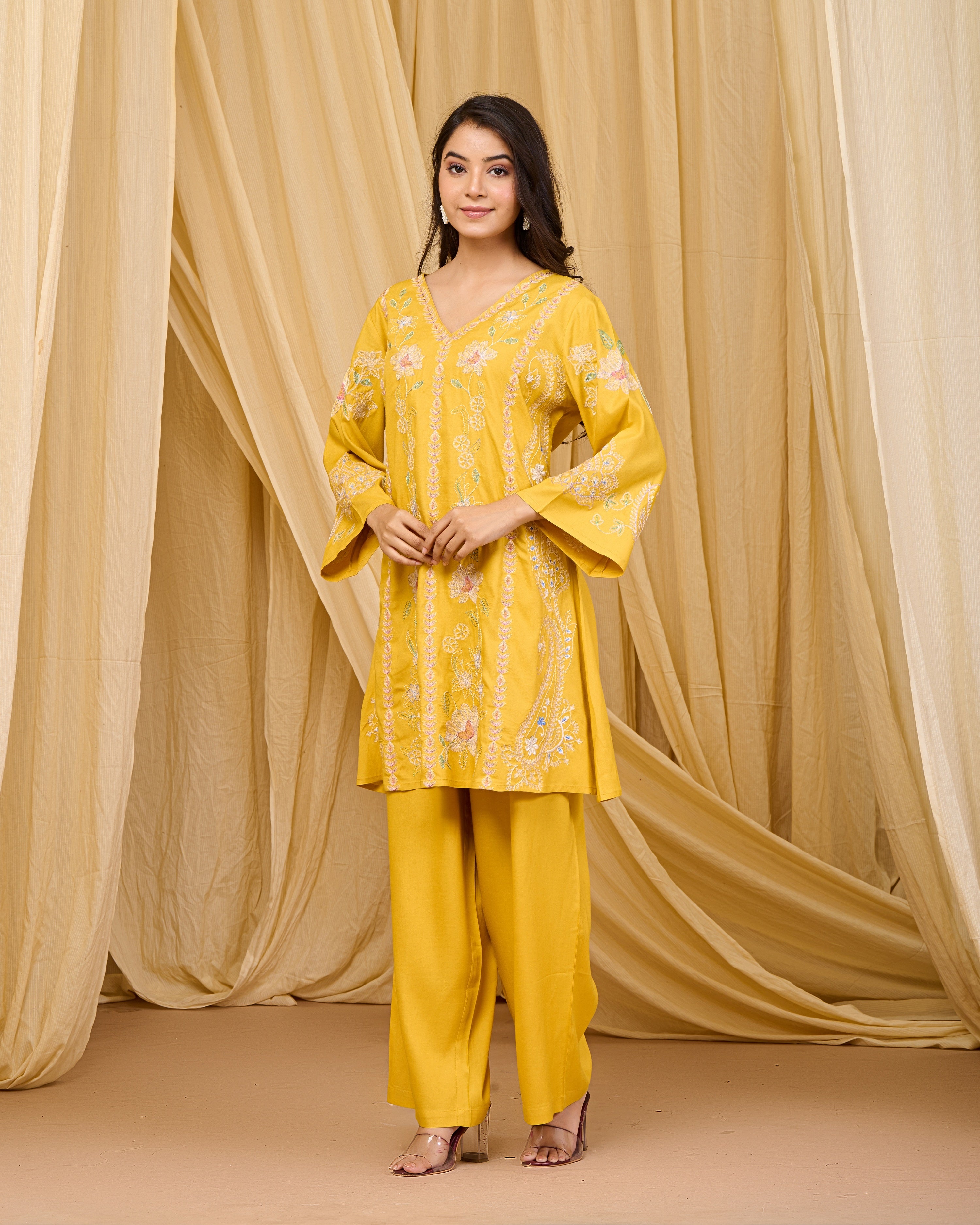 Mustard Embroidered Rayon Co-ord Set with V-Neck Straight Top