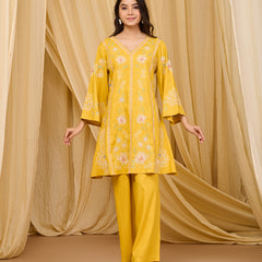 Mustard Embroidered Rayon Co-ord Set with V-Neck Straight Top
