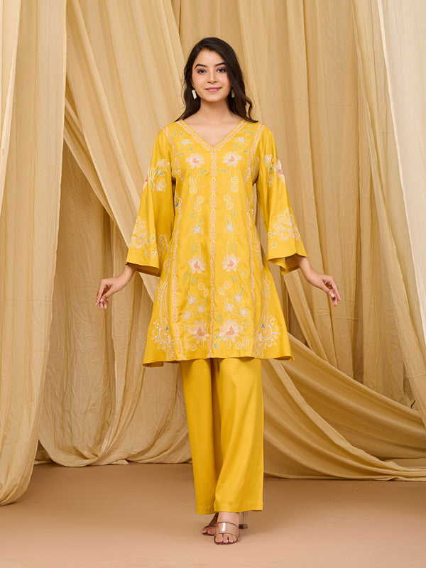 Mustard Embroidered Rayon Co-ord Set with V-Neck Straight Top