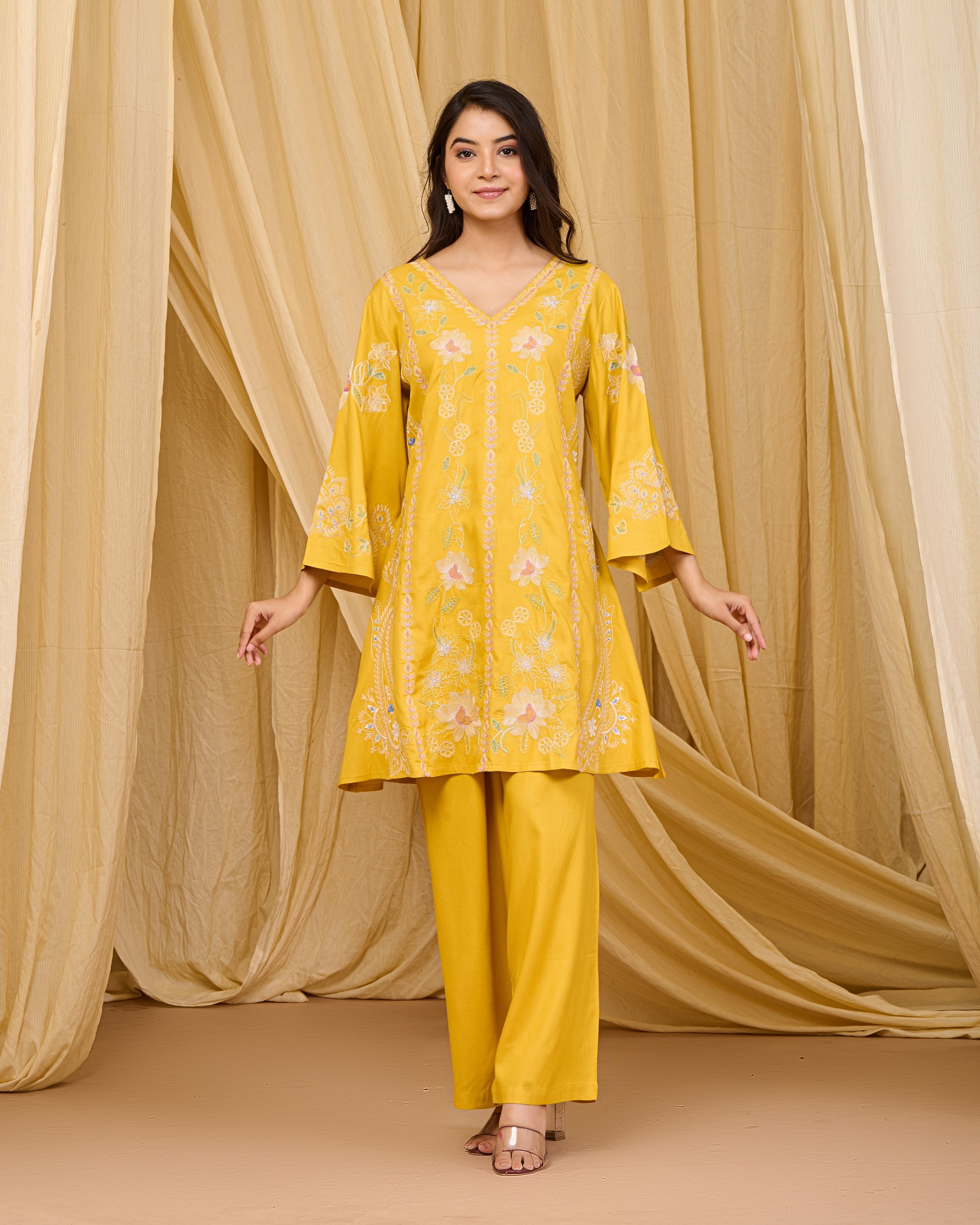 Mustard Embroidered Rayon Co-ord Set with V-Neck Straight Top