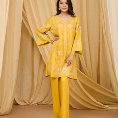 Mustard Embroidered Rayon Co-ord Set with V-Neck Straight Top
