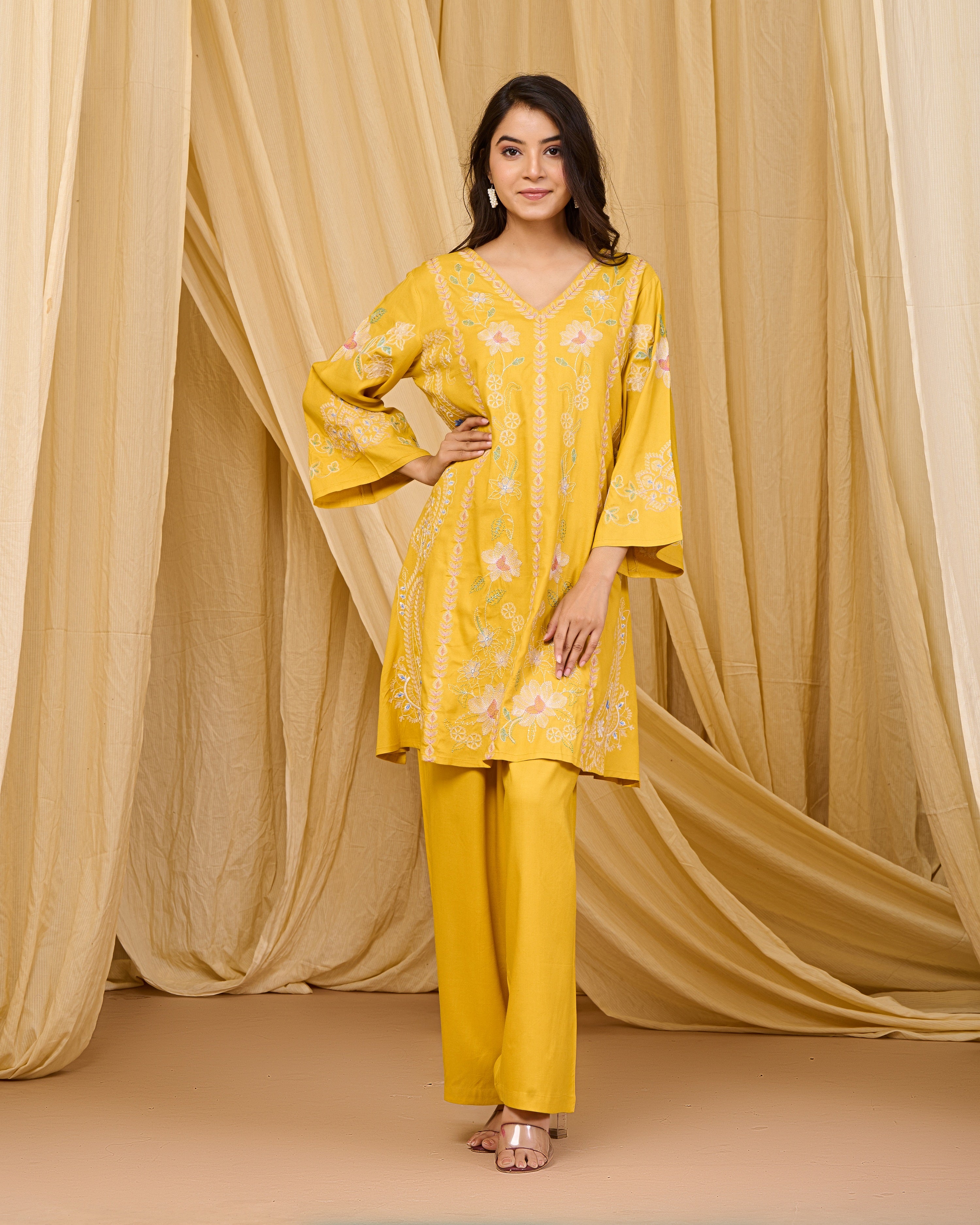 Mustard Embroidered Rayon Co-ord Set with V-Neck Straight Top