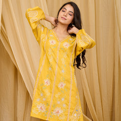 Mustard Embroidered Rayon Co-ord Set with V-Neck Straight Top