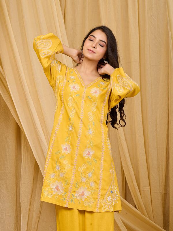 Mustard Embroidered Rayon Co-ord Set with V-Neck Straight Top