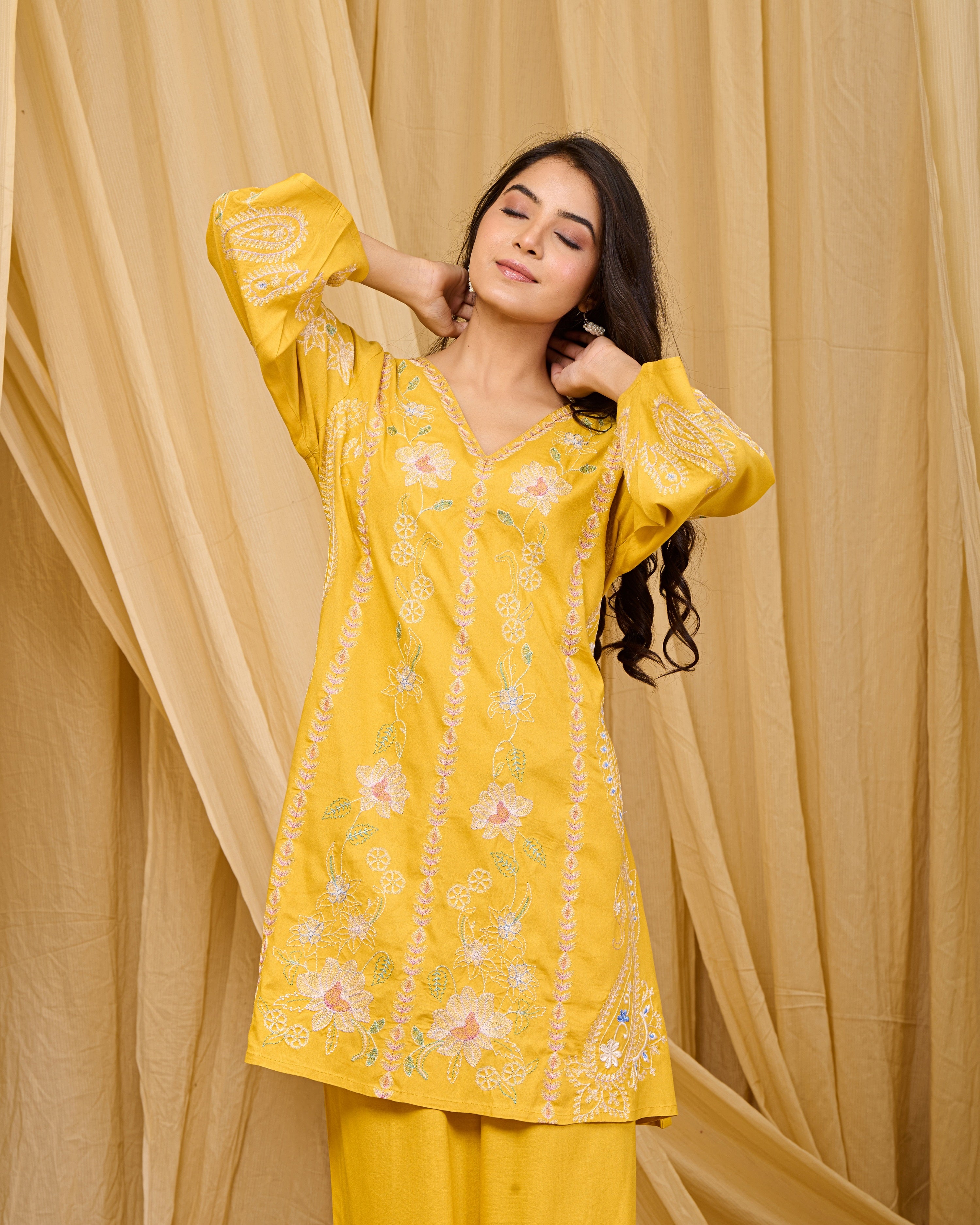 Mustard Embroidered Rayon Co-ord Set with V-Neck Straight Top