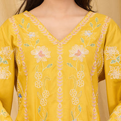 Mustard Embroidered Rayon Co-ord Set with V-Neck Straight Top