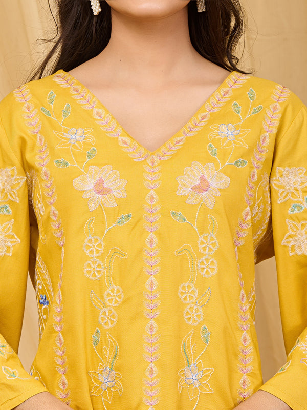Mustard Embroidered Rayon Co-ord Set with V-Neck Straight Top