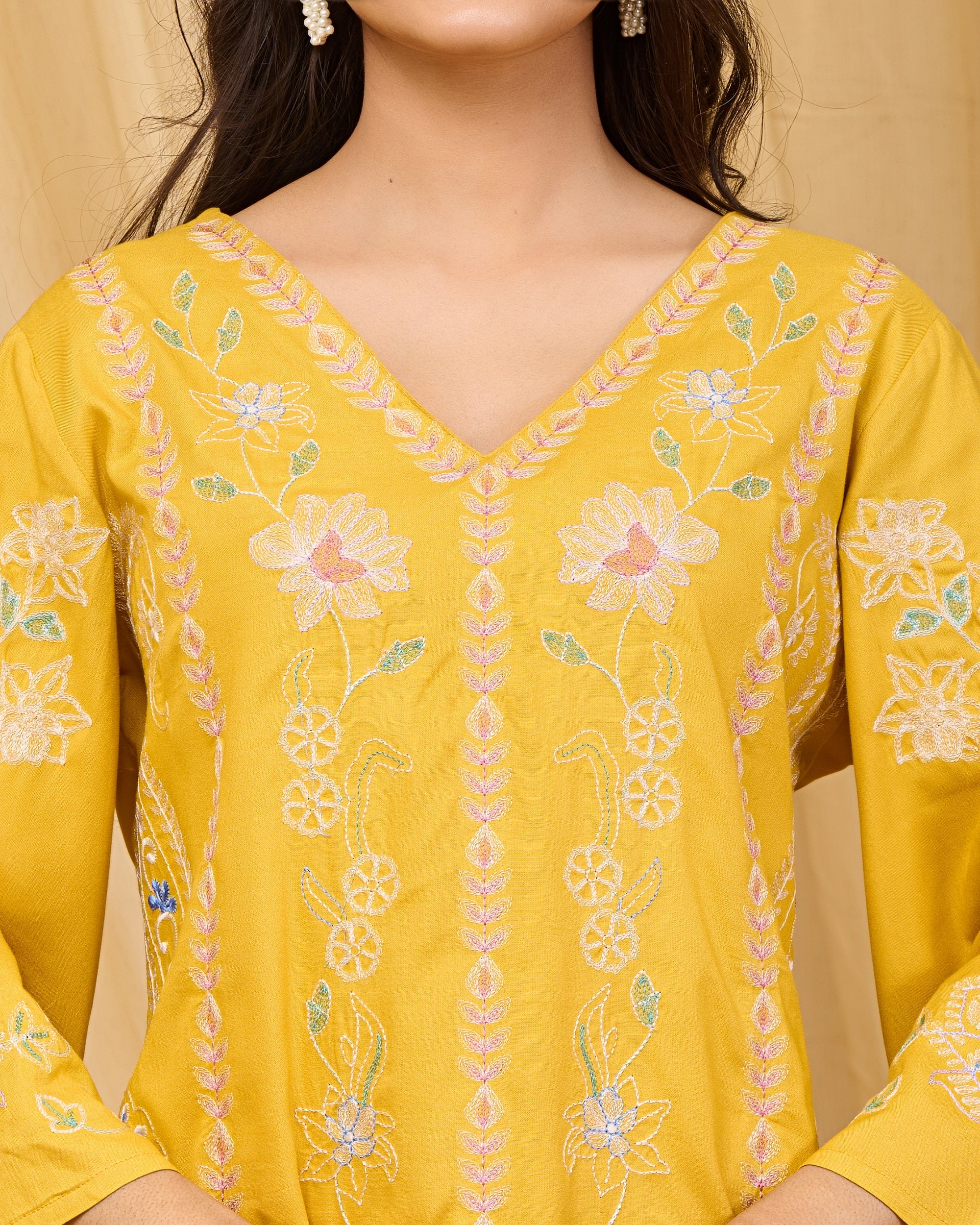 Mustard Embroidered Rayon Co-ord Set with V-Neck Straight Top