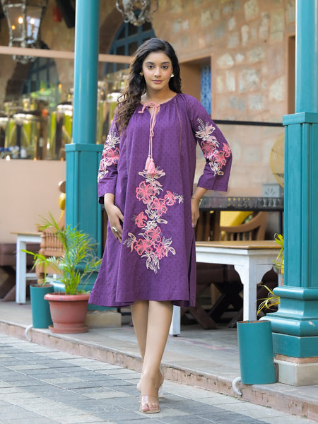 Lavender loose fit Embroidered Mini Dress