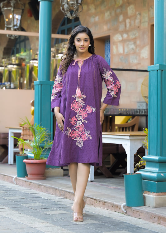 Lavender loose fit Embroidered Mini Dress