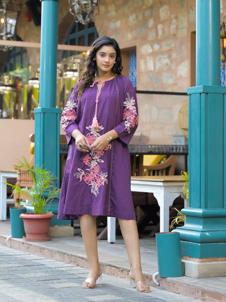 Lavender loose fit Embroidered Mini Dress