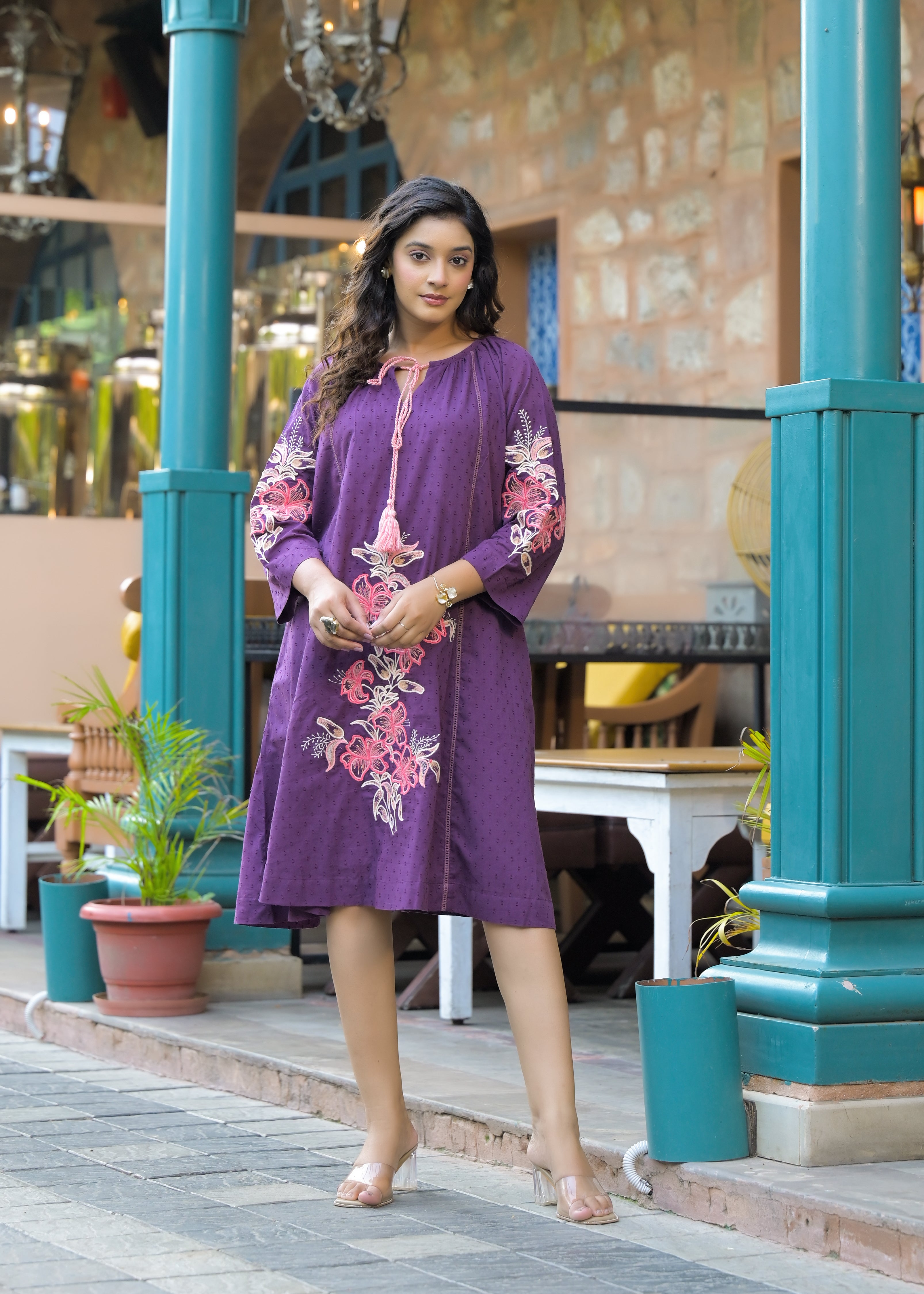 Lavender loose fit Embroidered Mini Dress