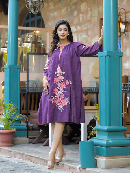 Lavender loose fit Embroidered Mini Dress