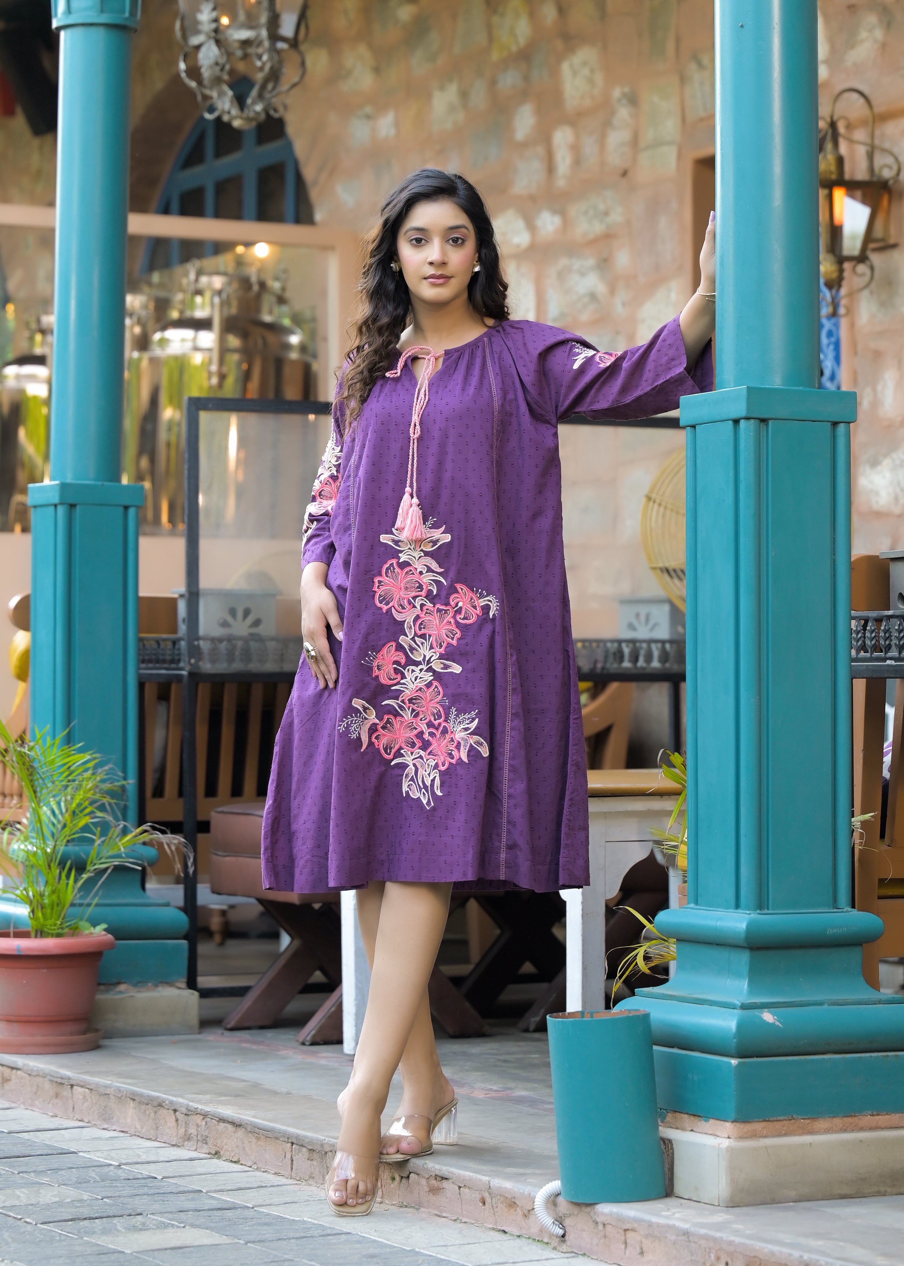 Lavender loose fit Embroidered Mini Dress