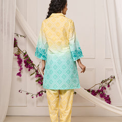 Summer Yellow Blue Cotton Embroidered Co-ord Set