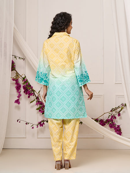 Summer Yellow Blue Cotton Embroidered Co-ord Set