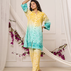 Summer Yellow Blue Cotton Embroidered Co-ord Set