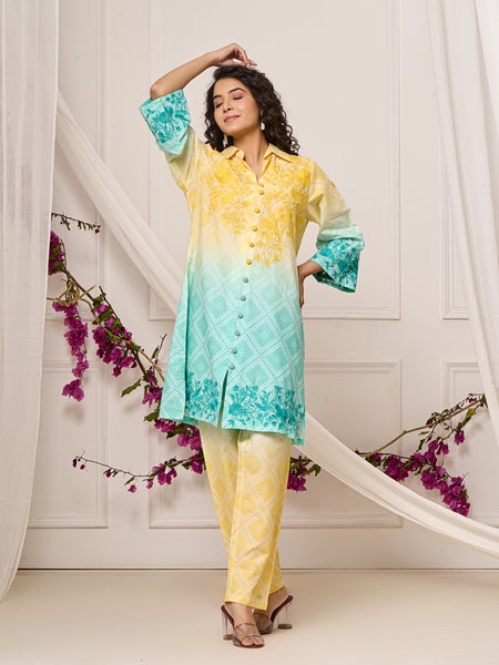 Summer Yellow Blue Cotton Embroidered Co-ord Set