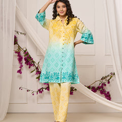 Summer Yellow Blue Cotton Embroidered Co-ord Set