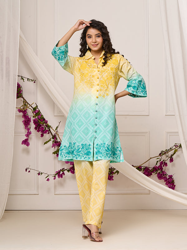 Summer Yellow Blue Cotton Embroidered Co-ord Set