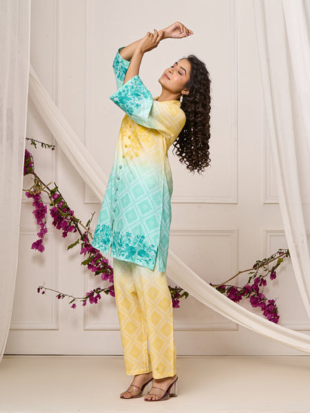 Summer Yellow Blue Cotton Embroidered Co-ord Set