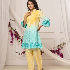 Summer Yellow Blue Cotton Embroidered Co-ord Set