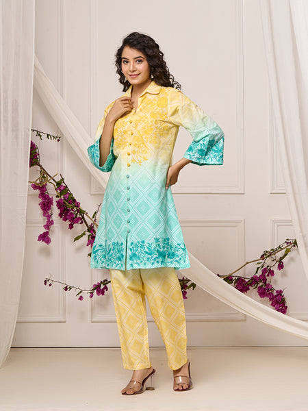 Summer Yellow Blue Cotton Embroidered Co-ord Set
