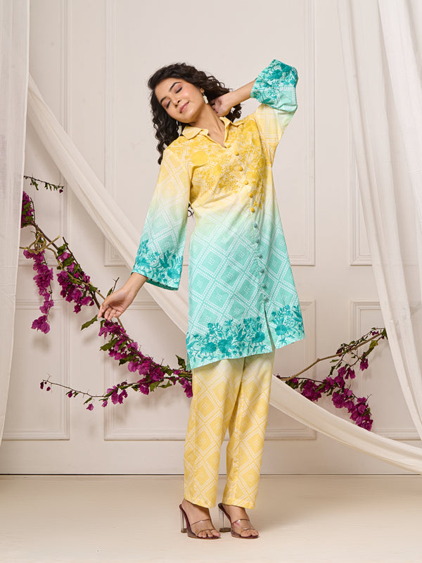 Summer Yellow Blue Cotton Embroidered Co-ord Set