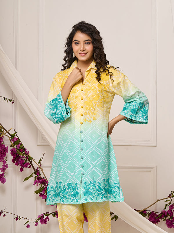 Summer Yellow Blue Cotton Embroidered Co-ord Set