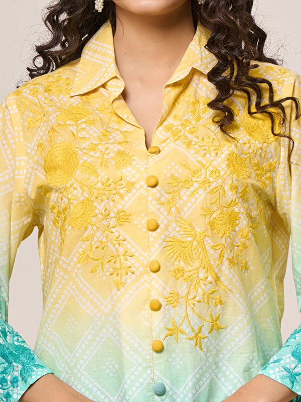 Summer Yellow Blue Cotton Embroidered Co-ord Set