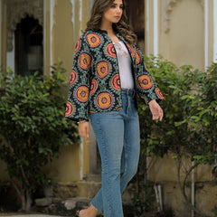Black Ethnic Embroidered Open Front Jacket