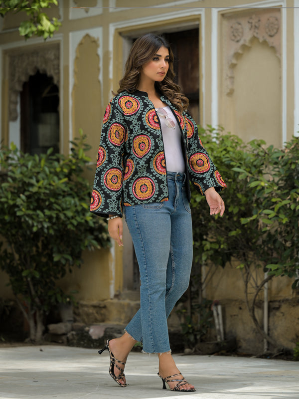 Black Ethnic Embroidered Open Front Jacket