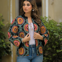 Black Ethnic Embroidered Open Front Jacket