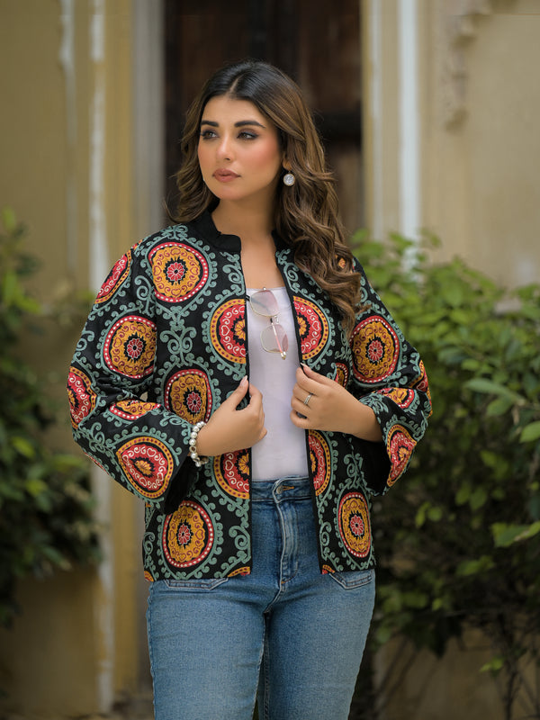 Black Ethnic Embroidered Open Front Jacket